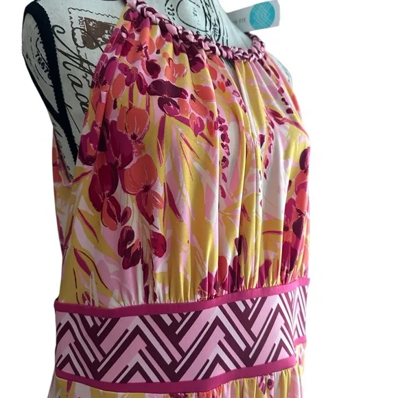 Wisp Tropical Floral Halter Maxi Dress Pink Yellow Braided Strap NWT 12 Summer - Picture 10 of 13